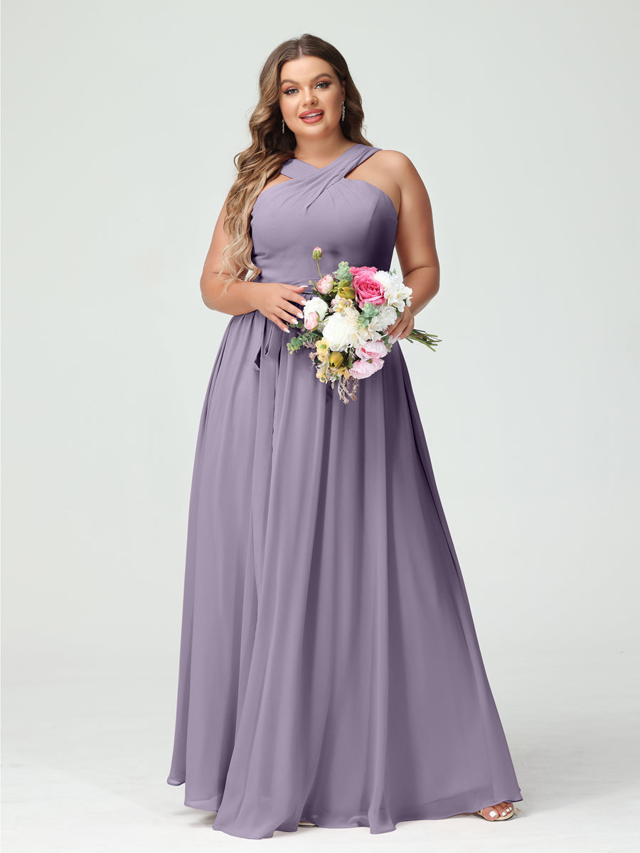 A-Line/Princess Criss Cross Sleeveless Chiffon Plus Size Bridesmaid Dresses with Sash Wisteria