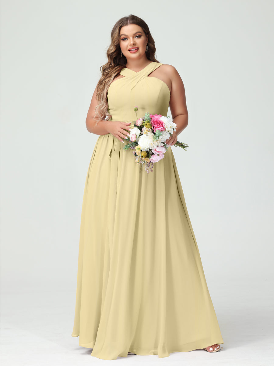 A-Line/Princess Criss Cross Sleeveless Chiffon Plus Size Bridesmaid Dresses with Sash Yellow