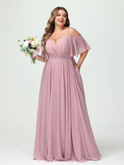 A-Line/Princess Spaghetti Straps Half Sleeves Chiffon Plus Size Bridesmaid Dresses with Pockets As Picture