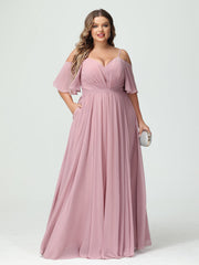 A-Line/Princess Spaghetti Straps Half Sleeves Chiffon Plus Size Bridesmaid Dresses with Pockets