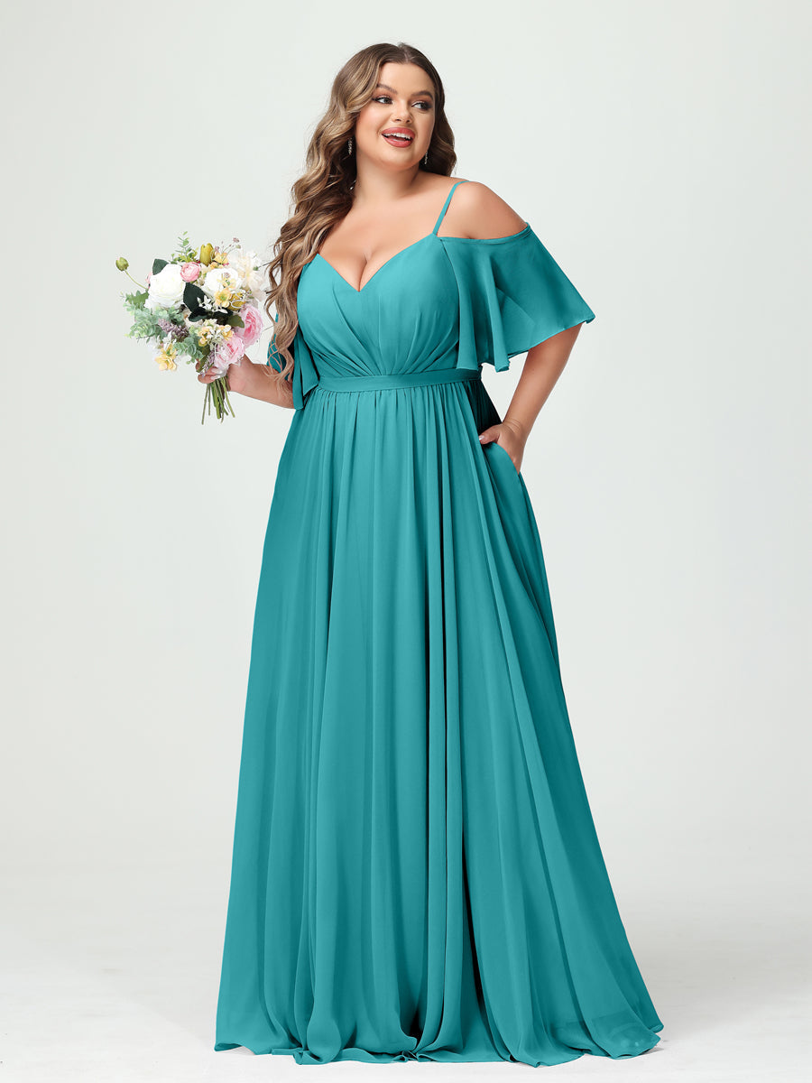 A-Line/Princess Spaghetti Straps Half Sleeves Chiffon Plus Size Bridesmaid Dresses with Pockets Aqua Blue
