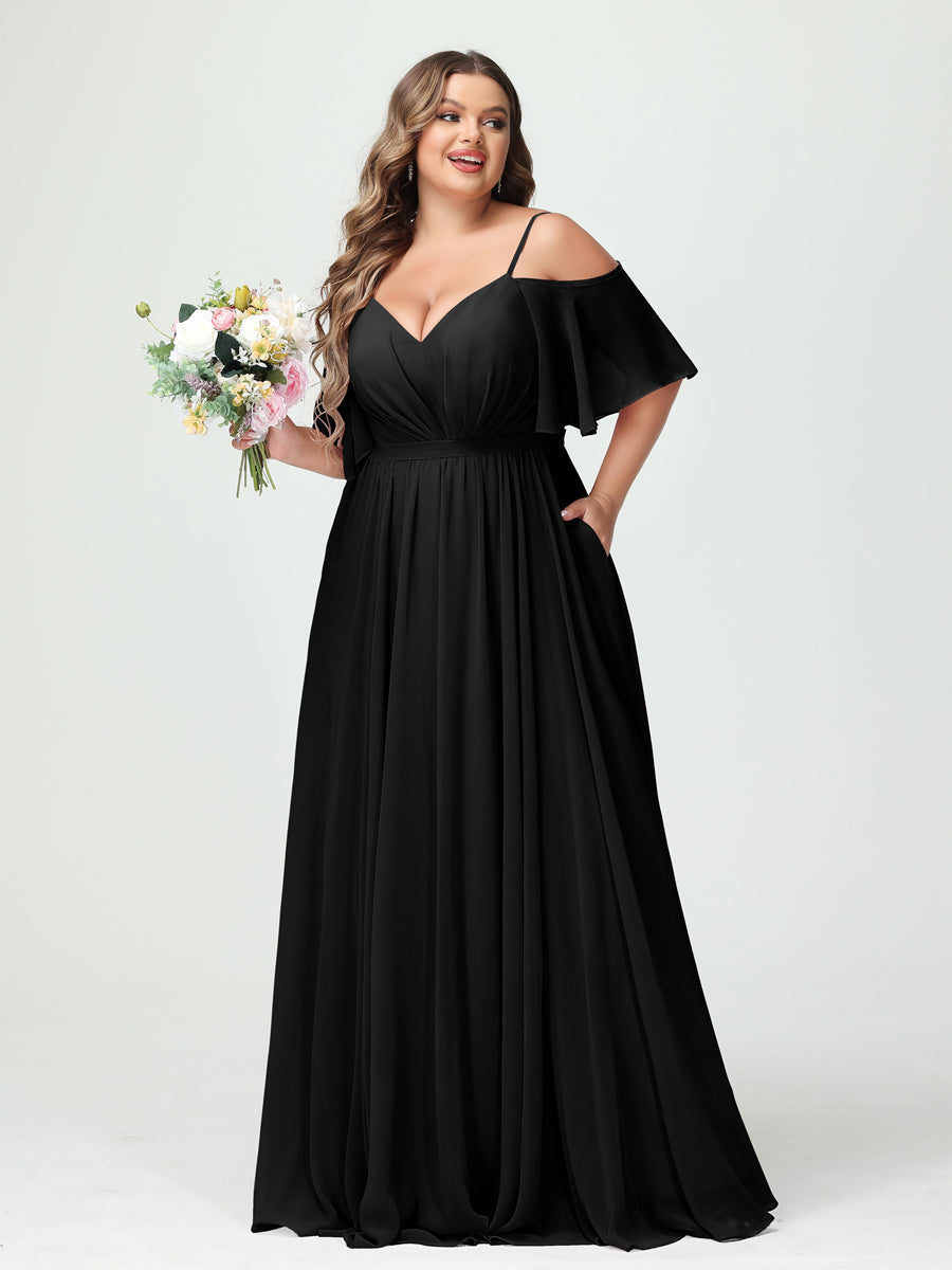 A-Line/Princess Spaghetti Straps Half Sleeves Chiffon Plus Size Bridesmaid Dresses with Pockets Black