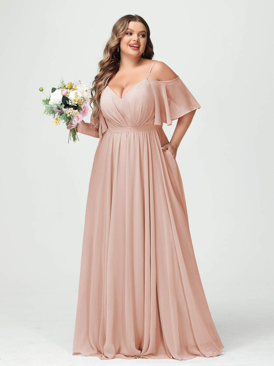 A-Line/Princess Spaghetti Straps Half Sleeves Chiffon Plus Size Bridesmaid Dresses with Pockets Blush Pink