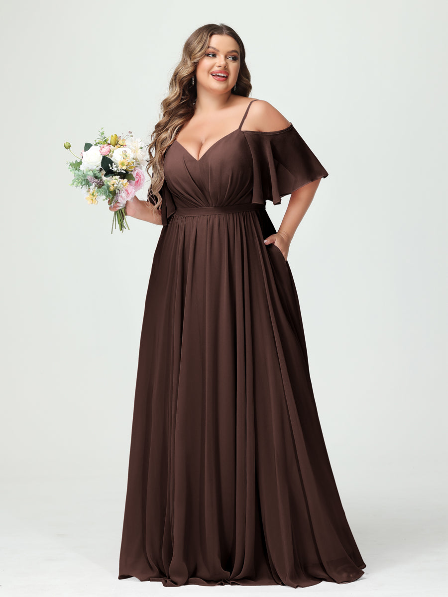 A-Line/Princess Spaghetti Straps Half Sleeves Chiffon Plus Size Bridesmaid Dresses with Pockets Brown