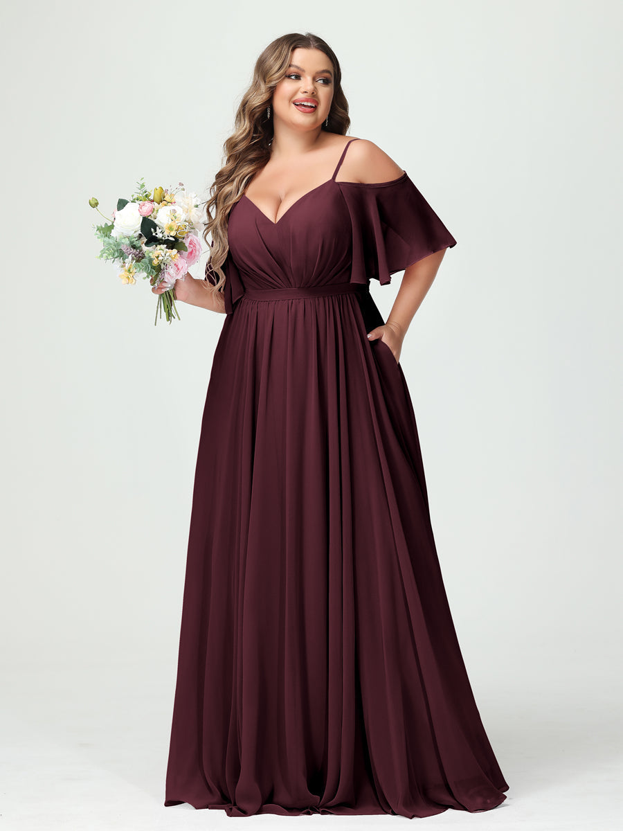 A-Line/Princess Spaghetti Straps Half Sleeves Chiffon Plus Size Bridesmaid Dresses with Pockets Burgundy