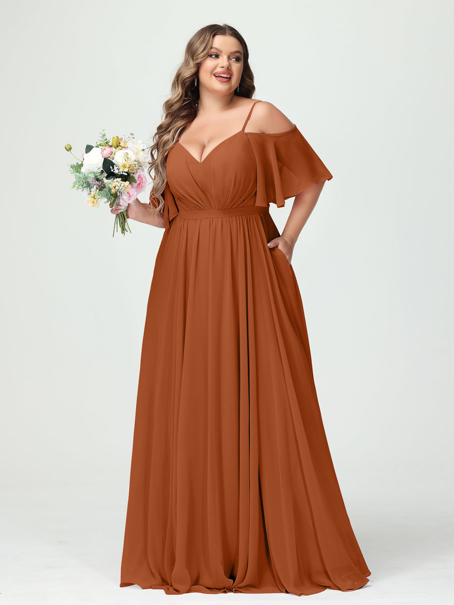 A-Line/Princess Spaghetti Straps Half Sleeves Chiffon Plus Size Bridesmaid Dresses with Pockets Burnt Orange
