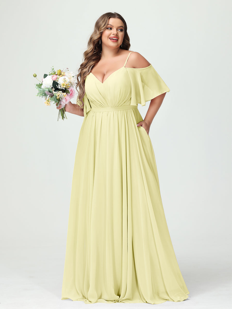 A-Line/Princess Spaghetti Straps Half Sleeves Chiffon Plus Size Bridesmaid Dresses with Pockets Canary