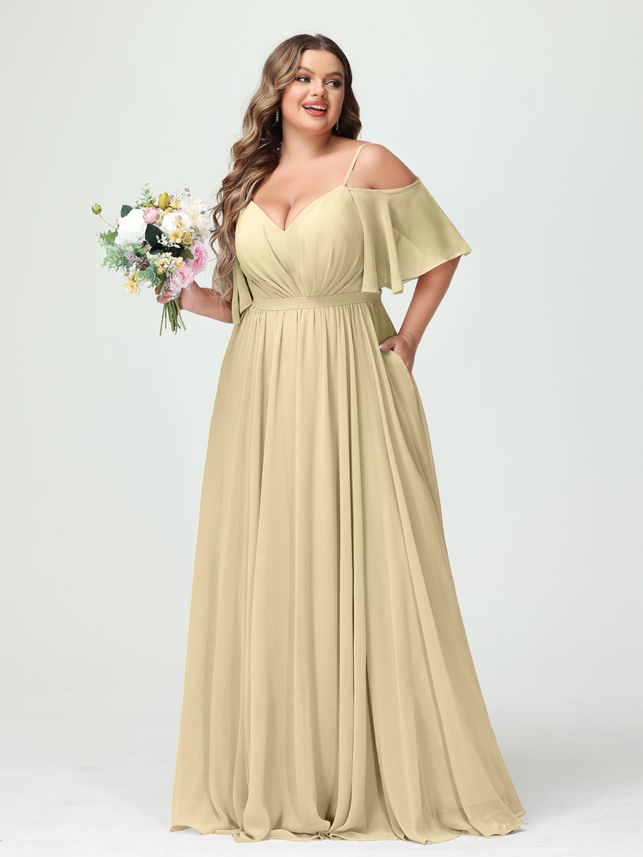 A-Line/Princess Spaghetti Straps Half Sleeves Chiffon Plus Size Bridesmaid Dresses with Pockets Champagne