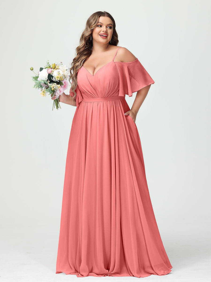 A-Line/Princess Spaghetti Straps Half Sleeves Chiffon Plus Size Bridesmaid Dresses with Pockets Coral