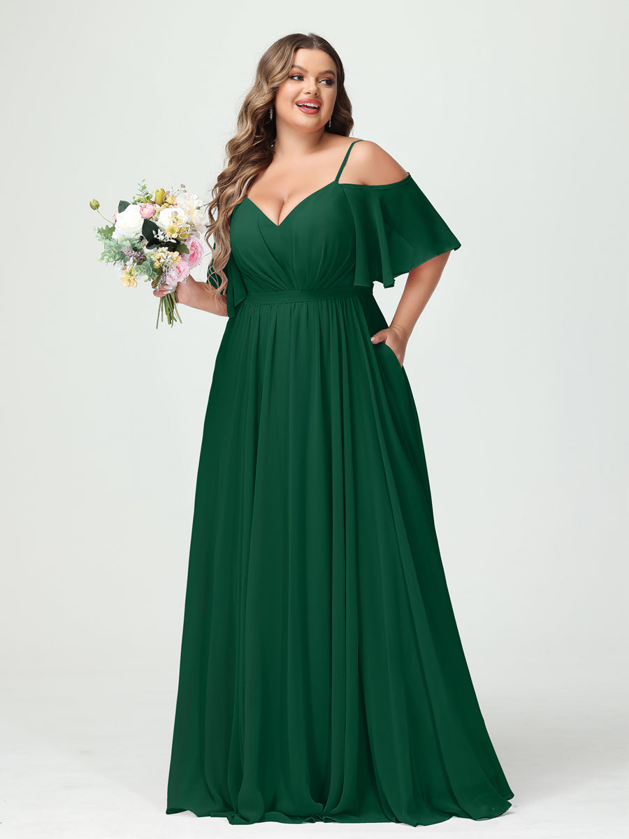 A-Line/Princess Spaghetti Straps Half Sleeves Chiffon Plus Size Bridesmaid Dresses with Pockets Dark Green