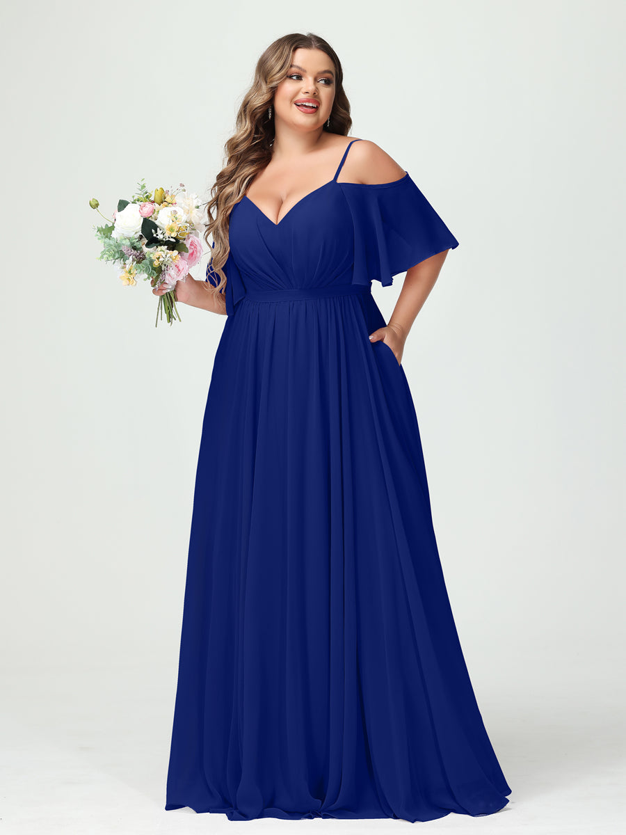 A-Line/Princess Spaghetti Straps Half Sleeves Chiffon Plus Size Bridesmaid Dresses with Pockets Dark Royal Blue