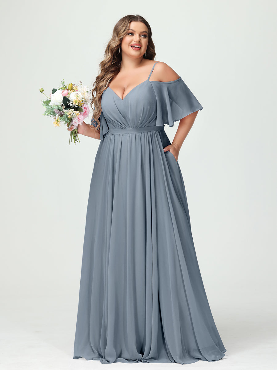 A-Line/Princess Spaghetti Straps Half Sleeves Chiffon Plus Size Bridesmaid Dresses with Pockets Dusty Blue