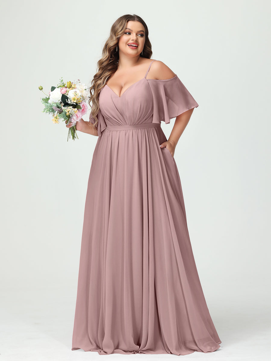 A-Line/Princess Spaghetti Straps Half Sleeves Chiffon Plus Size Bridesmaid Dresses with Pockets Dusty Pink