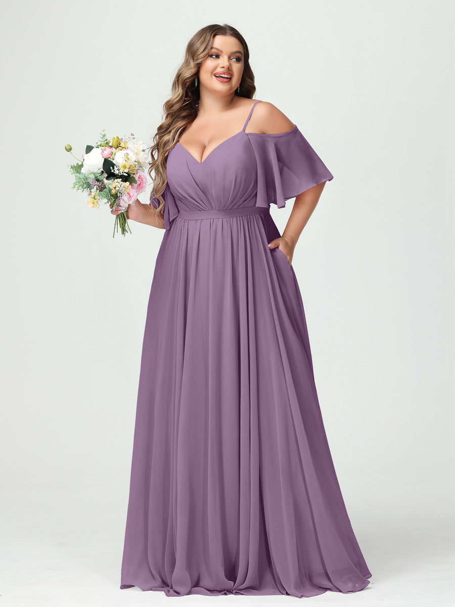 A-Line/Princess Spaghetti Straps Half Sleeves Chiffon Plus Size Bridesmaid Dresses with Pockets Dusty Purple