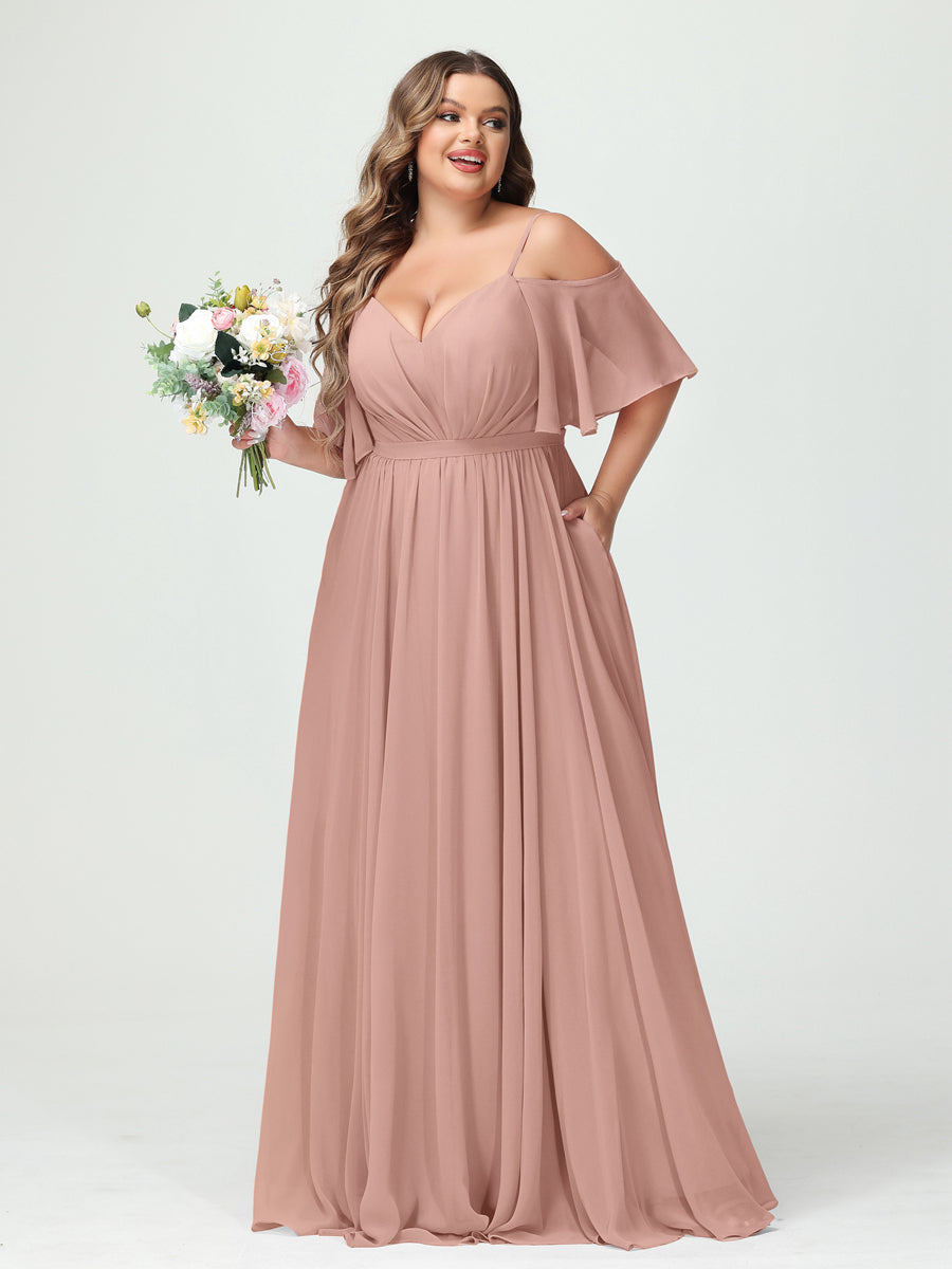 A-Line/Princess Spaghetti Straps Half Sleeves Chiffon Plus Size Bridesmaid Dresses with Pockets Dusty Rose