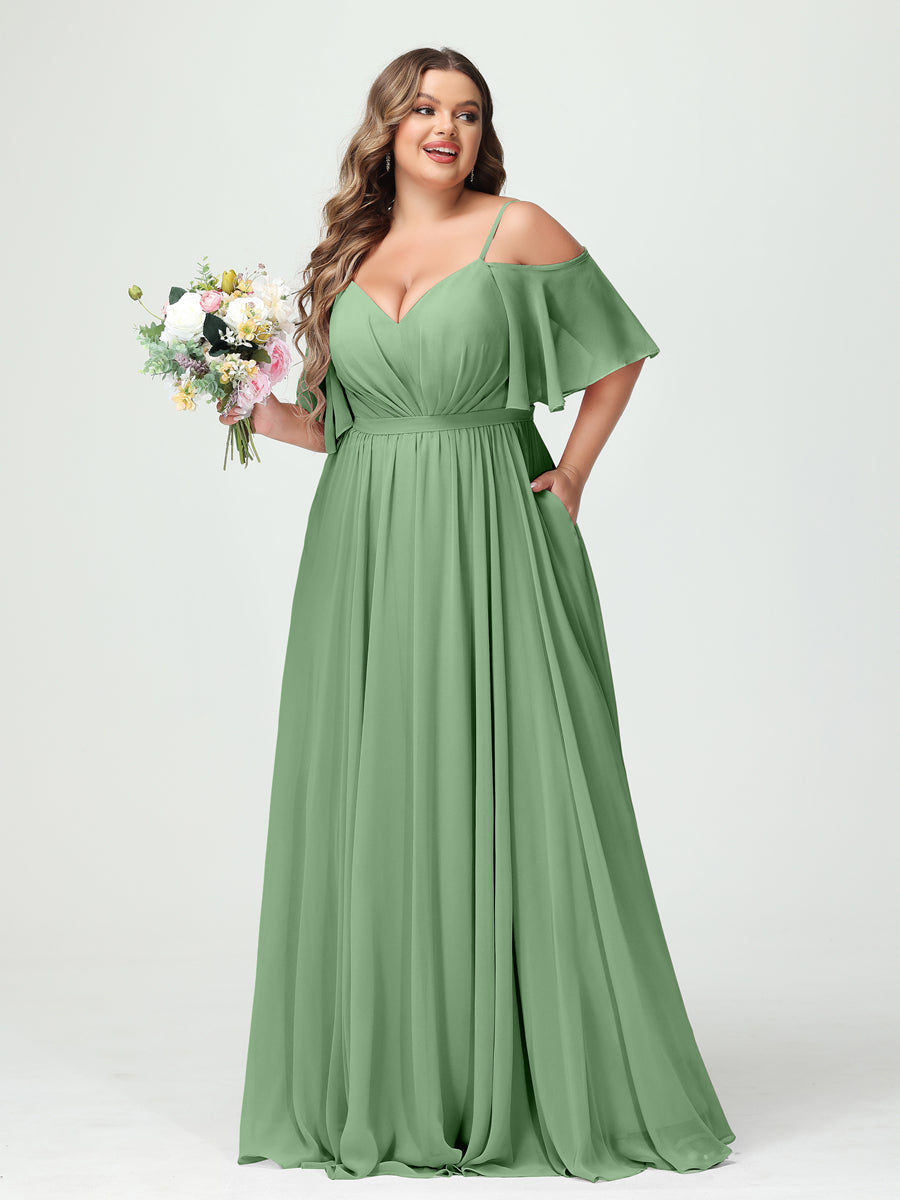 A-Line/Princess Spaghetti Straps Half Sleeves Chiffon Plus Size Bridesmaid Dresses with Pockets Dusty Sage