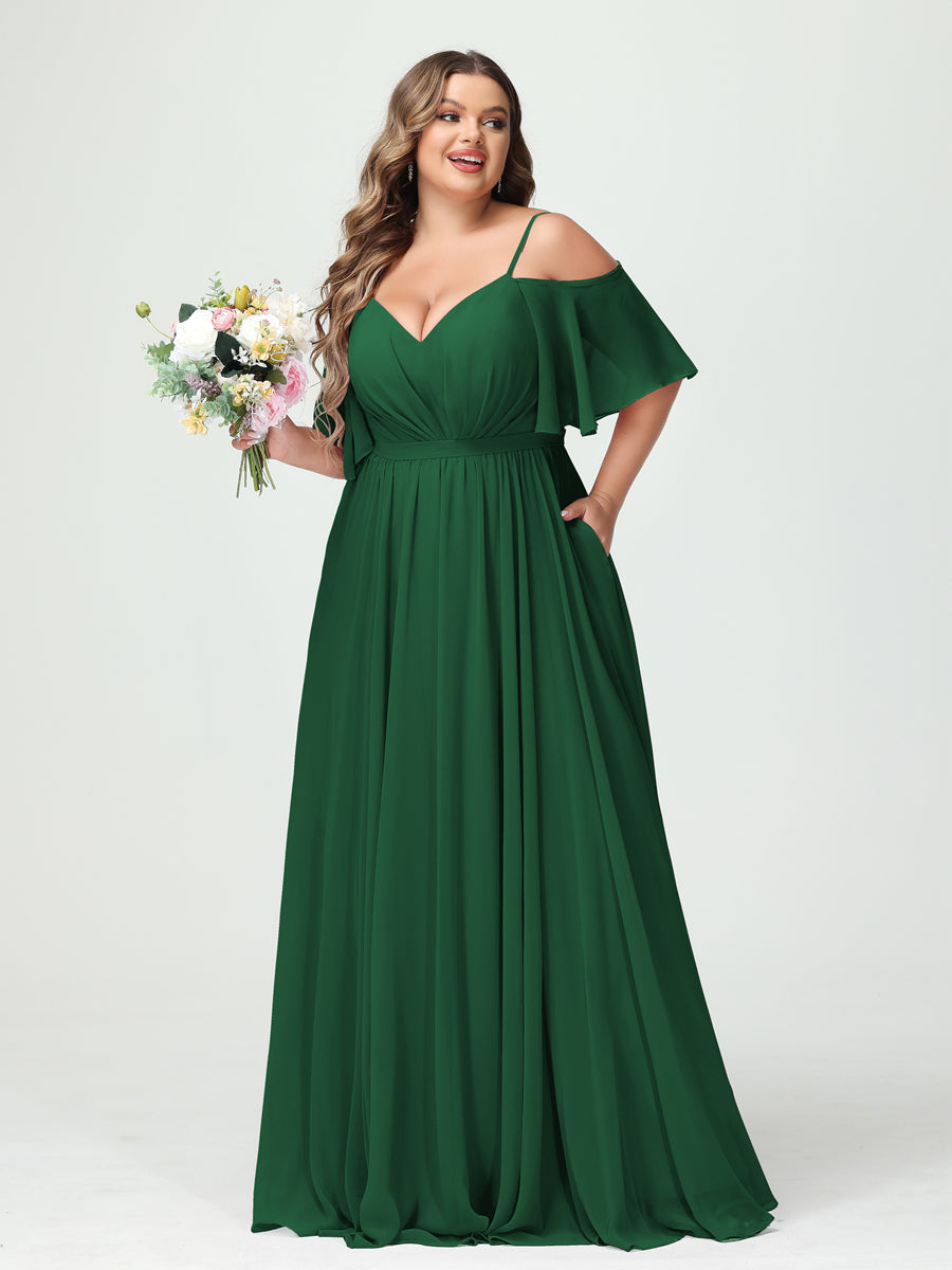 A-Line/Princess Spaghetti Straps Half Sleeves Chiffon Plus Size Bridesmaid Dresses with Pockets Emerald
