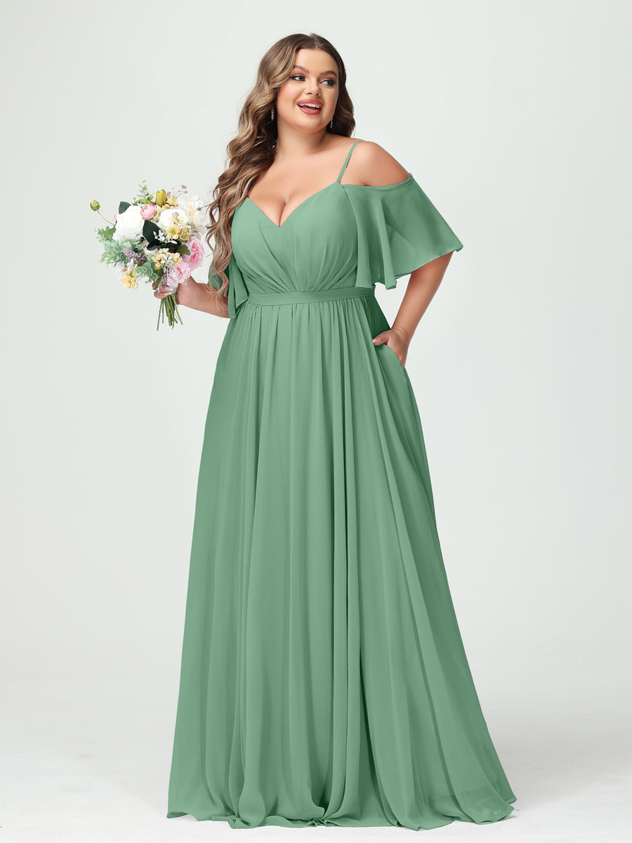 A-Line/Princess Spaghetti Straps Half Sleeves Chiffon Plus Size Bridesmaid Dresses with Pockets Eucalyptus