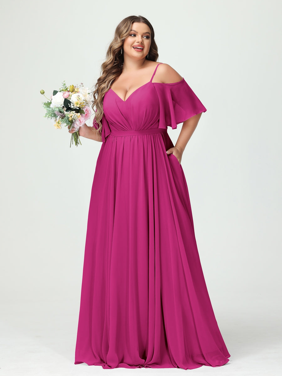 A-Line/Princess Spaghetti Straps Half Sleeves Chiffon Plus Size Bridesmaid Dresses with Pockets Fuchsia