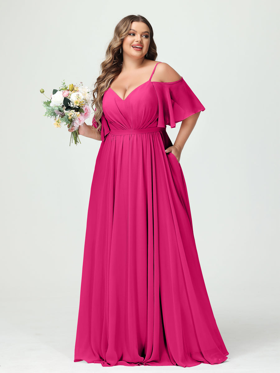 A-Line/Princess Spaghetti Straps Half Sleeves Chiffon Plus Size Bridesmaid Dresses with Pockets Fuchsia Pink