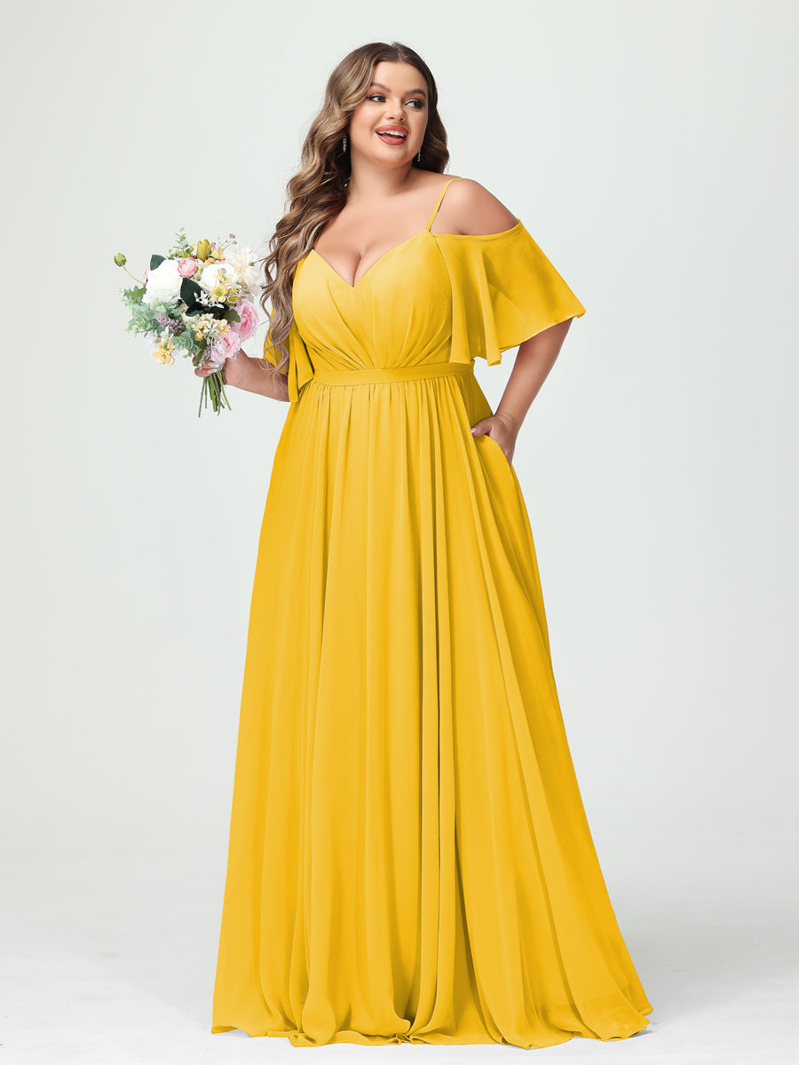 A-Line/Princess Spaghetti Straps Half Sleeves Chiffon Plus Size Bridesmaid Dresses with Pockets Gold