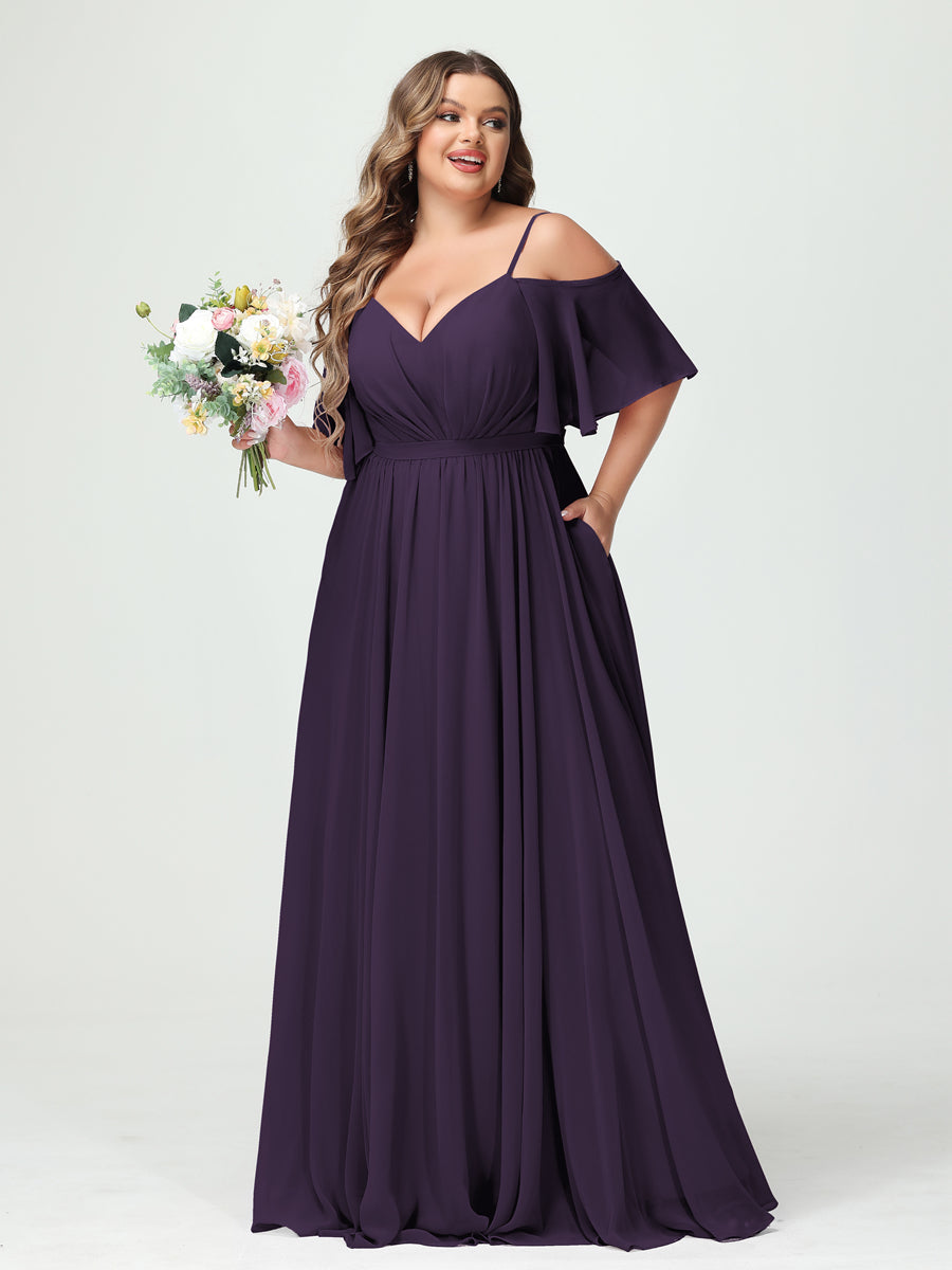 A-Line/Princess Spaghetti Straps Half Sleeves Chiffon Plus Size Bridesmaid Dresses with Pockets Grape