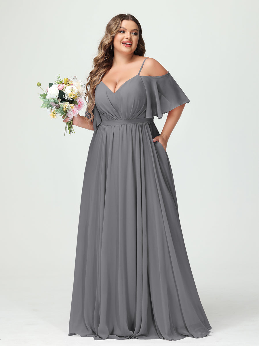 A-Line/Princess Spaghetti Straps Half Sleeves Chiffon Plus Size Bridesmaid Dresses with Pockets Gray