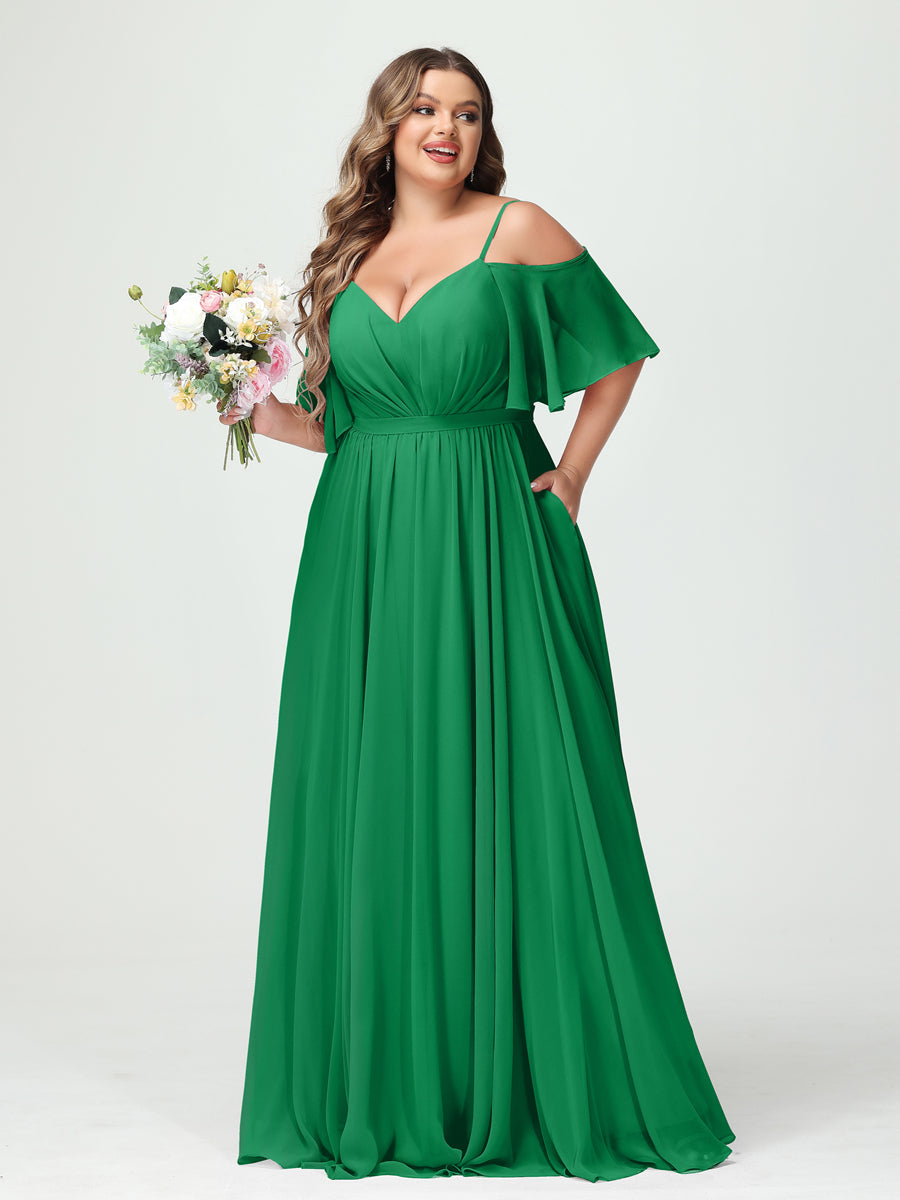 A-Line/Princess Spaghetti Straps Half Sleeves Chiffon Plus Size Bridesmaid Dresses with Pockets Green