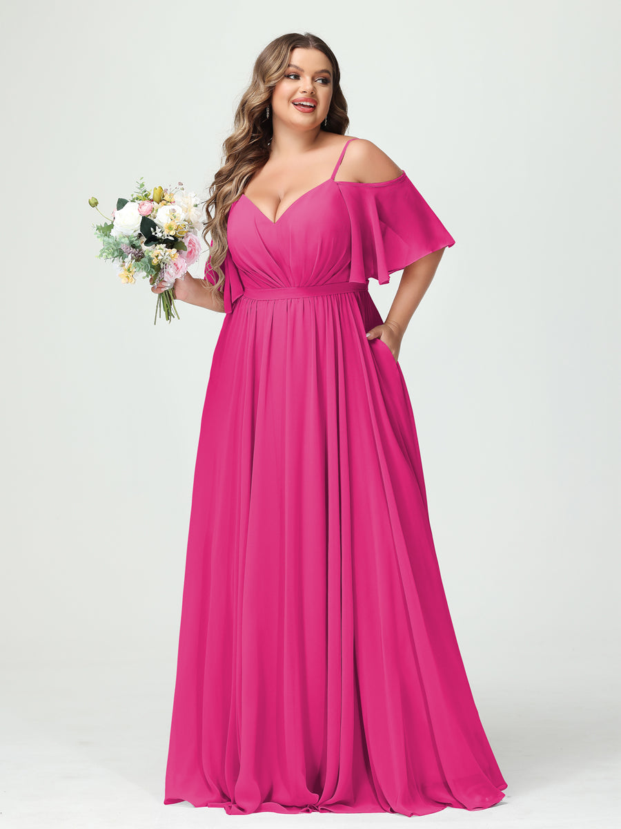 A-Line/Princess Spaghetti Straps Half Sleeves Chiffon Plus Size Bridesmaid Dresses with Pockets Hot Pink