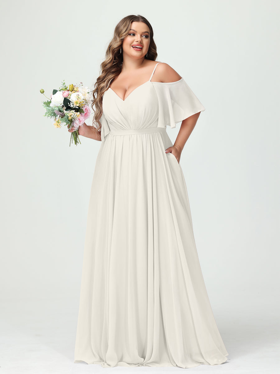 A-Line/Princess Spaghetti Straps Half Sleeves Chiffon Plus Size Bridesmaid Dresses with Pockets Ivory