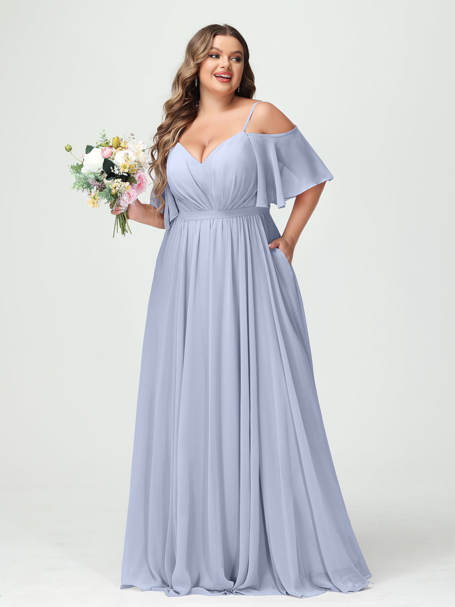 A-Line/Princess Spaghetti Straps Half Sleeves Chiffon Plus Size Bridesmaid Dresses with Pockets Lavender