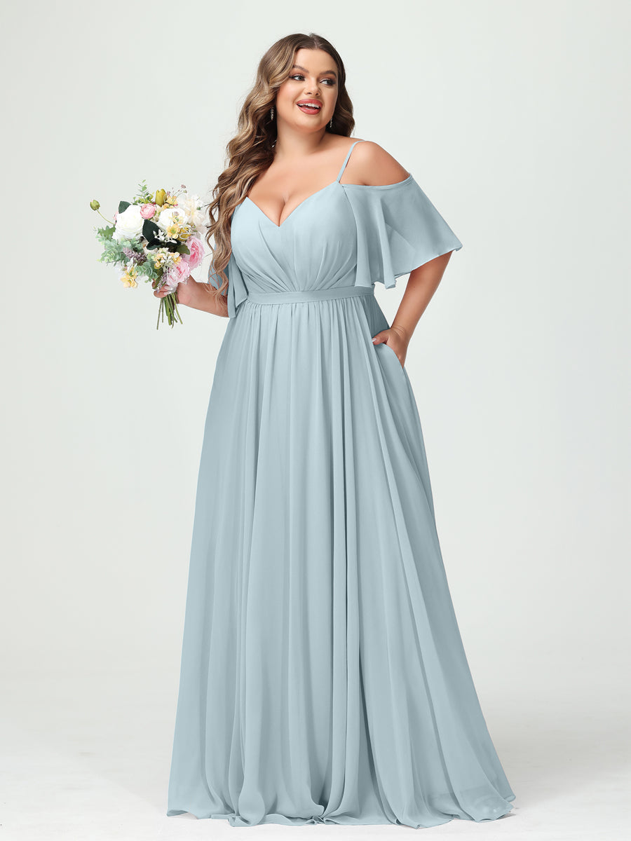 A-Line/Princess Spaghetti Straps Half Sleeves Chiffon Plus Size Bridesmaid Dresses with Pockets Light Blue