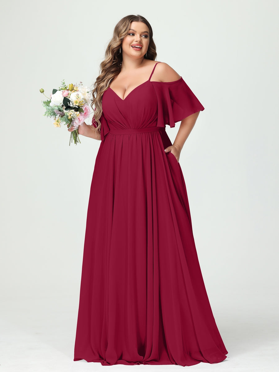 A-Line/Princess Spaghetti Straps Half Sleeves Chiffon Plus Size Bridesmaid Dresses with Pockets Light Burgundy