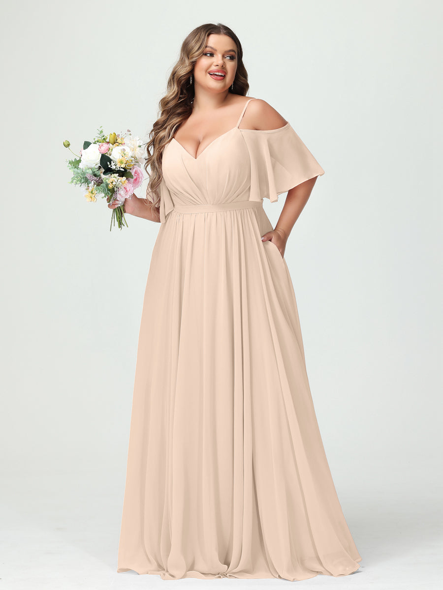 A-Line/Princess Spaghetti Straps Half Sleeves Chiffon Plus Size Bridesmaid Dresses with Pockets Light Champagne