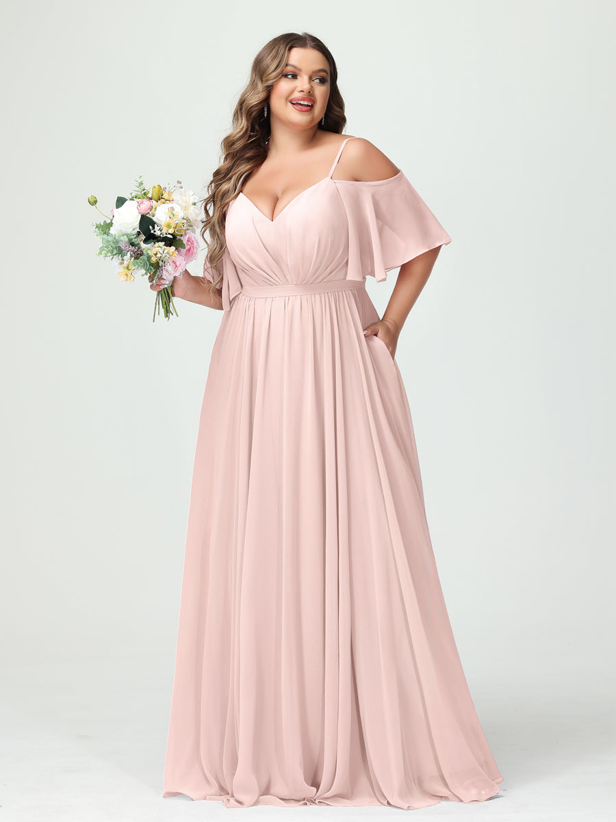 A-Line/Princess Spaghetti Straps Half Sleeves Chiffon Plus Size Bridesmaid Dresses with Pockets Light Pink