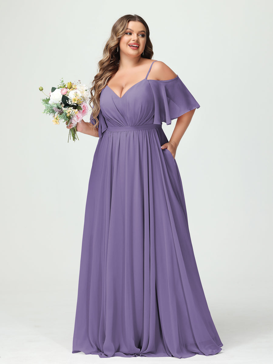 A-Line/Princess Spaghetti Straps Half Sleeves Chiffon Plus Size Bridesmaid Dresses with Pockets Light Purple