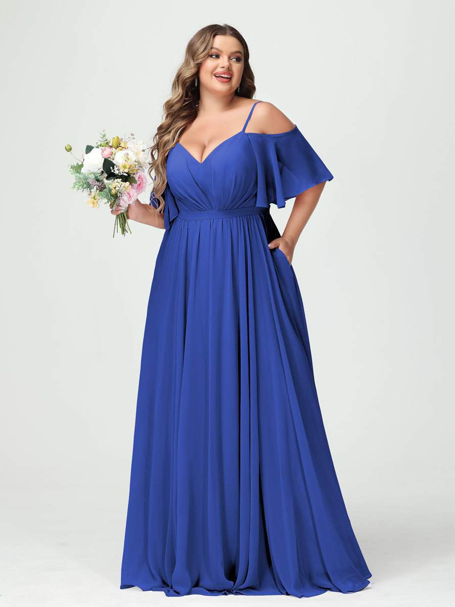 A-Line/Princess Spaghetti Straps Half Sleeves Chiffon Plus Size Bridesmaid Dresses with Pockets Light Royal Blue