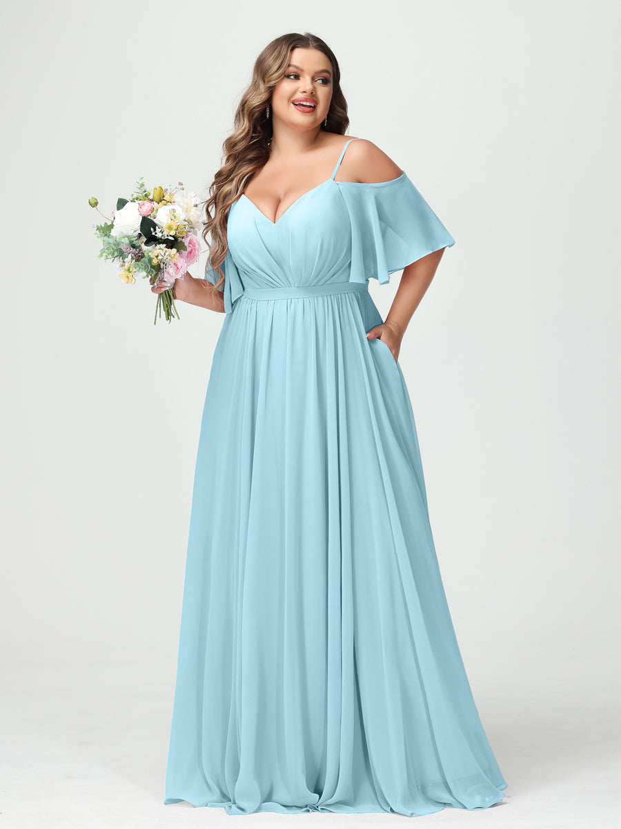 A-Line/Princess Spaghetti Straps Half Sleeves Chiffon Plus Size Bridesmaid Dresses with Pockets Light Sky Blue