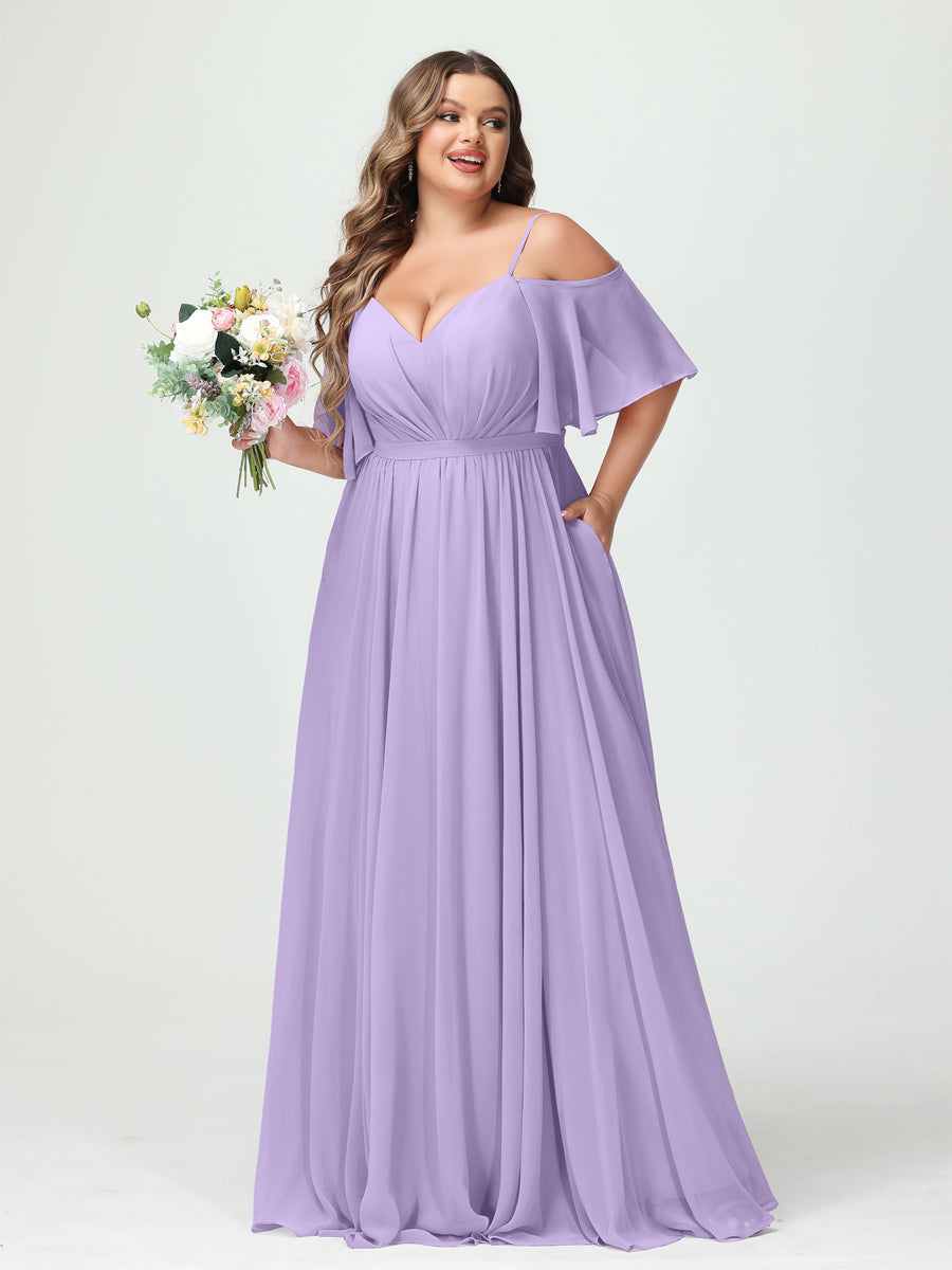 A-Line/Princess Spaghetti Straps Half Sleeves Chiffon Plus Size Bridesmaid Dresses with Pockets Lilac