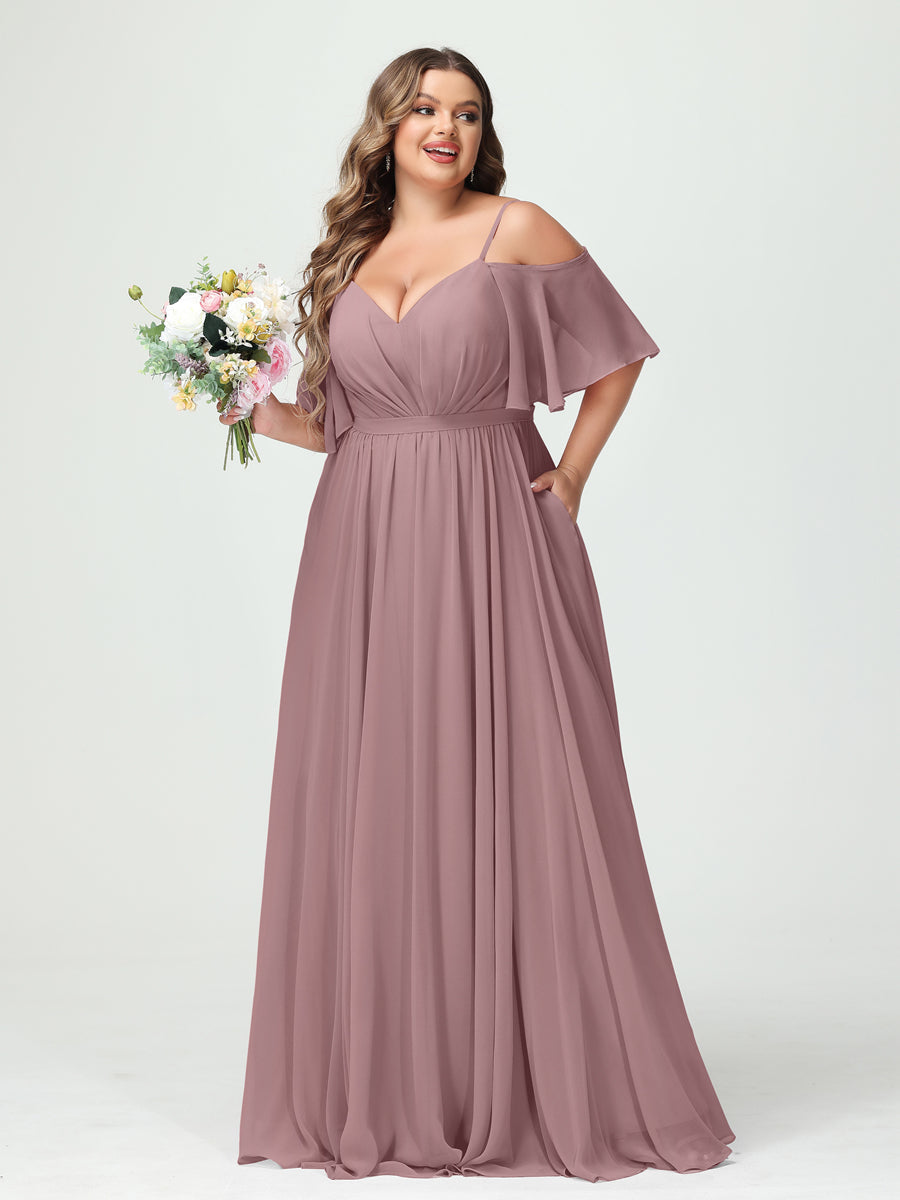 A-Line/Princess Spaghetti Straps Half Sleeves Chiffon Plus Size Bridesmaid Dresses with Pockets Mauve
