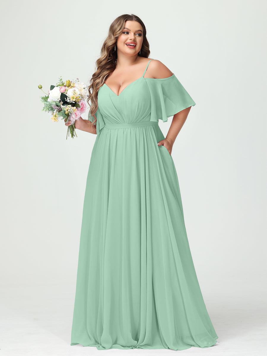 A-Line/Princess Spaghetti Straps Half Sleeves Chiffon Plus Size Bridesmaid Dresses with Pockets Mint Green