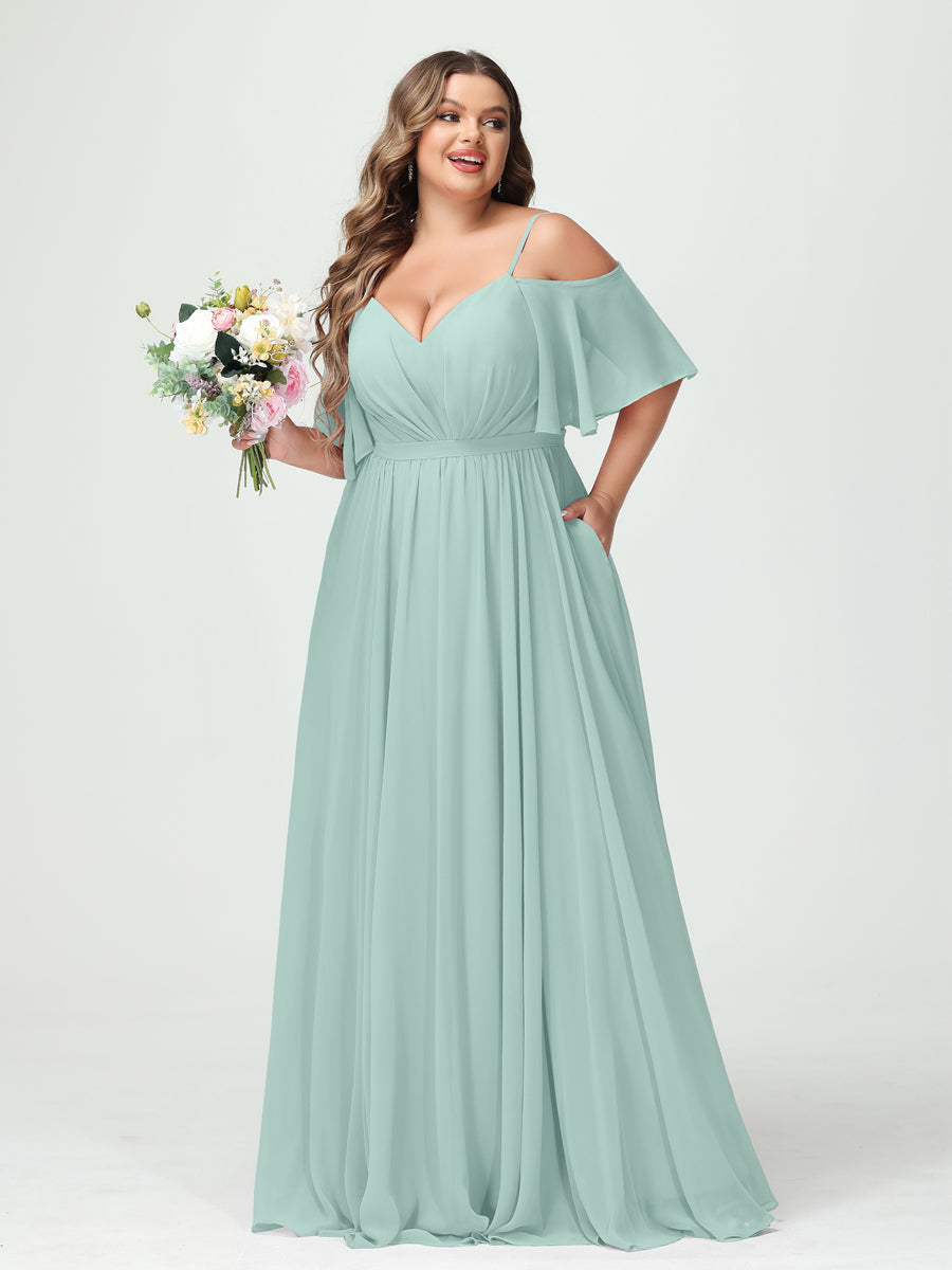 A-Line/Princess Spaghetti Straps Half Sleeves Chiffon Plus Size Bridesmaid Dresses with Pockets Mist Blue