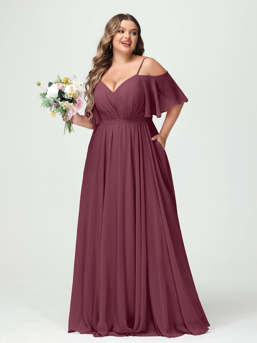 A-Line/Princess Spaghetti Straps Half Sleeves Chiffon Plus Size Bridesmaid Dresses with Pockets Mulberry