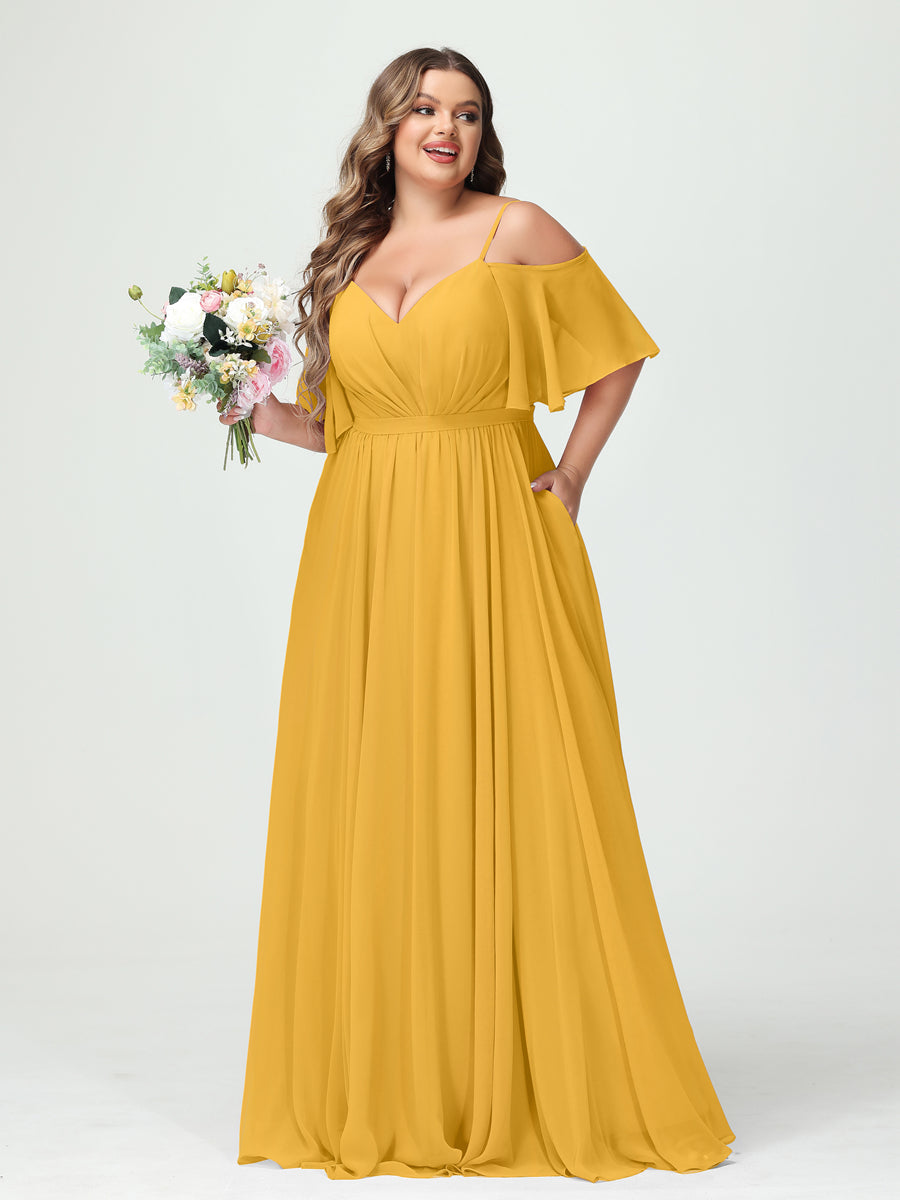 A-Line/Princess Spaghetti Straps Half Sleeves Chiffon Plus Size Bridesmaid Dresses with Pockets Mustard Yellow