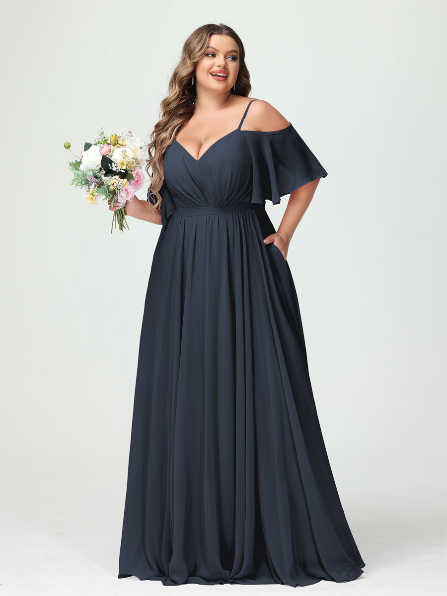 A-Line/Princess Spaghetti Straps Half Sleeves Chiffon Plus Size Bridesmaid Dresses with Pockets Navy Blue