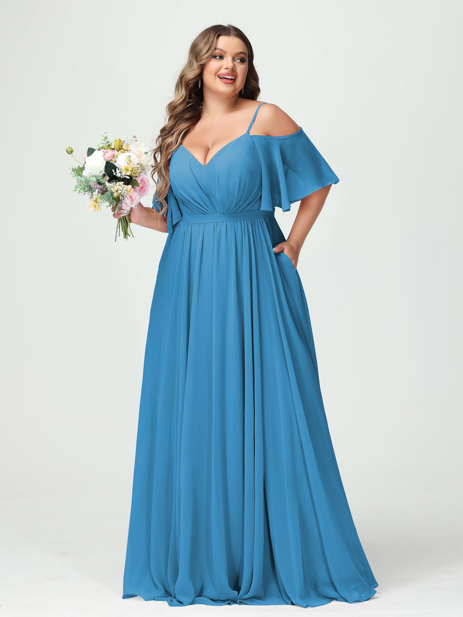 A-Line/Princess Spaghetti Straps Half Sleeves Chiffon Plus Size Bridesmaid Dresses with Pockets Ocean Blue