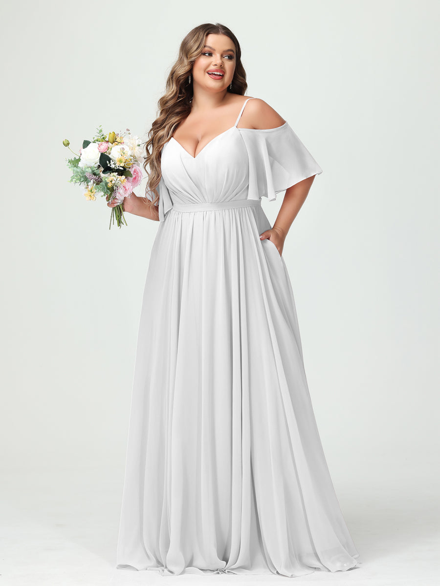 A-Line/Princess Spaghetti Straps Half Sleeves Chiffon Plus Size Bridesmaid Dresses with Pockets Off White