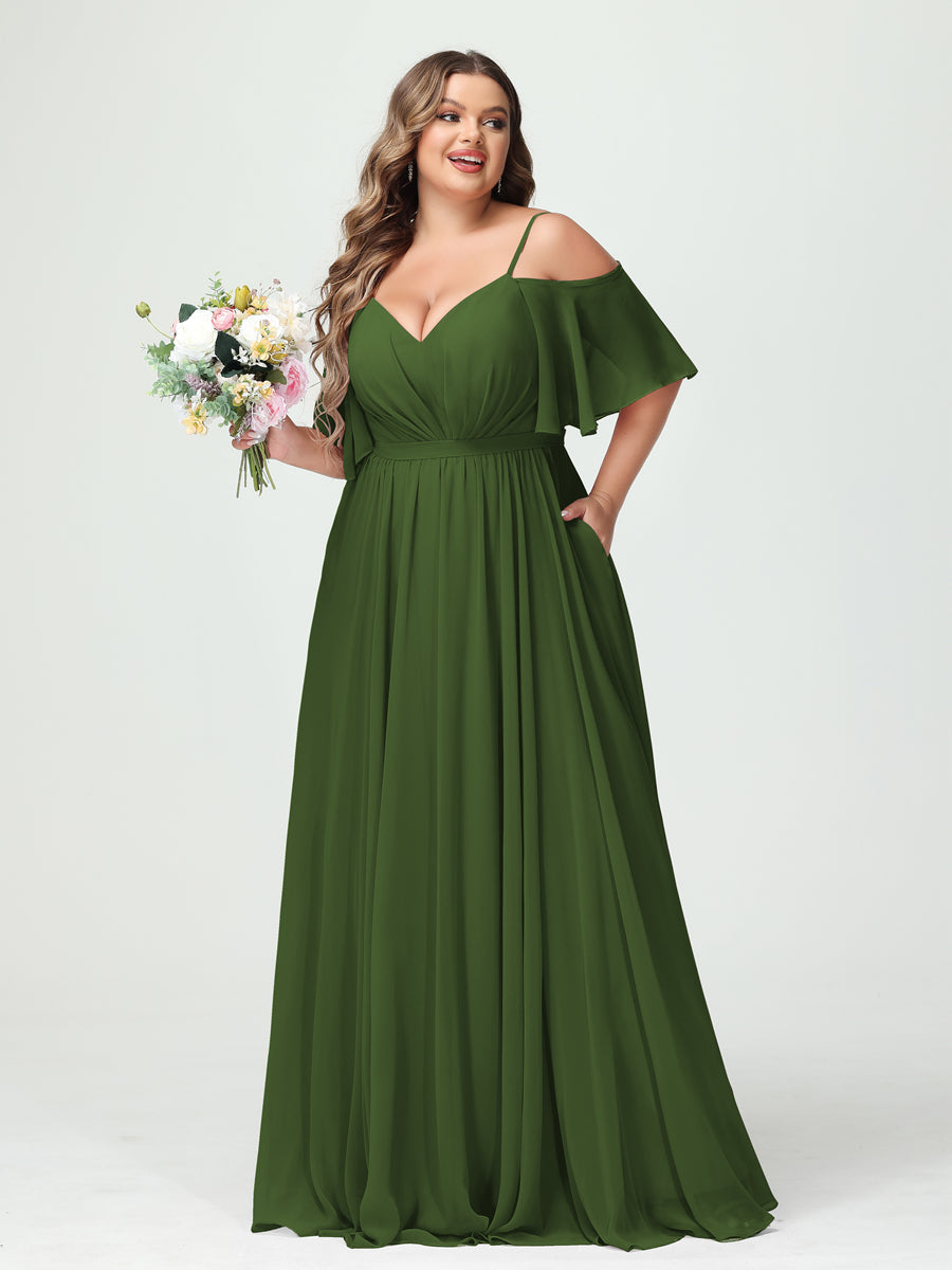 A-Line/Princess Spaghetti Straps Half Sleeves Chiffon Plus Size Bridesmaid Dresses with Pockets Olive Green