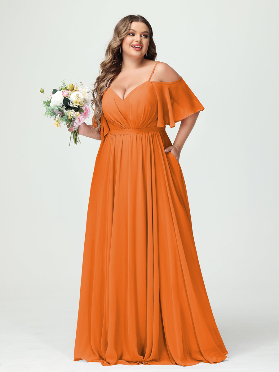 A-Line/Princess Spaghetti Straps Half Sleeves Chiffon Plus Size Bridesmaid Dresses with Pockets Orange