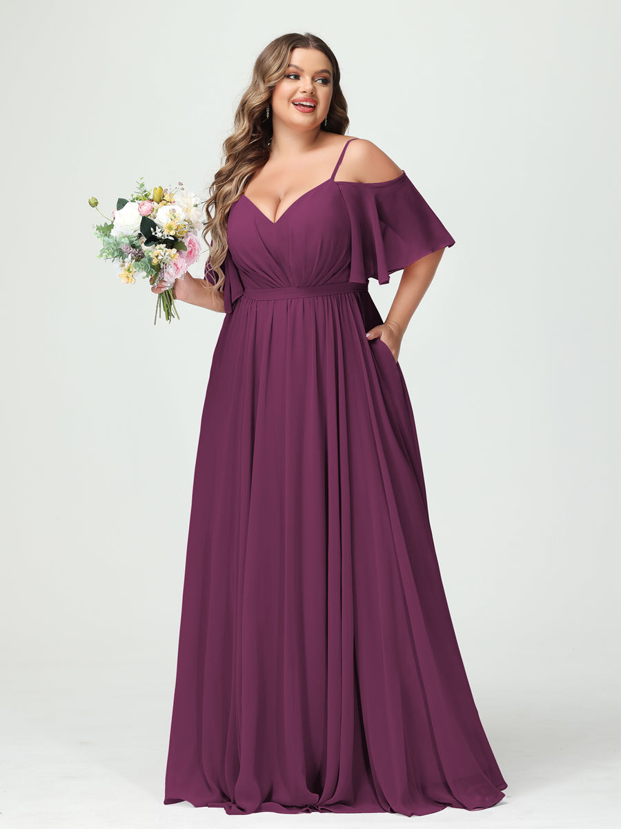 A-Line/Princess Spaghetti Straps Half Sleeves Chiffon Plus Size Bridesmaid Dresses with Pockets Orchid